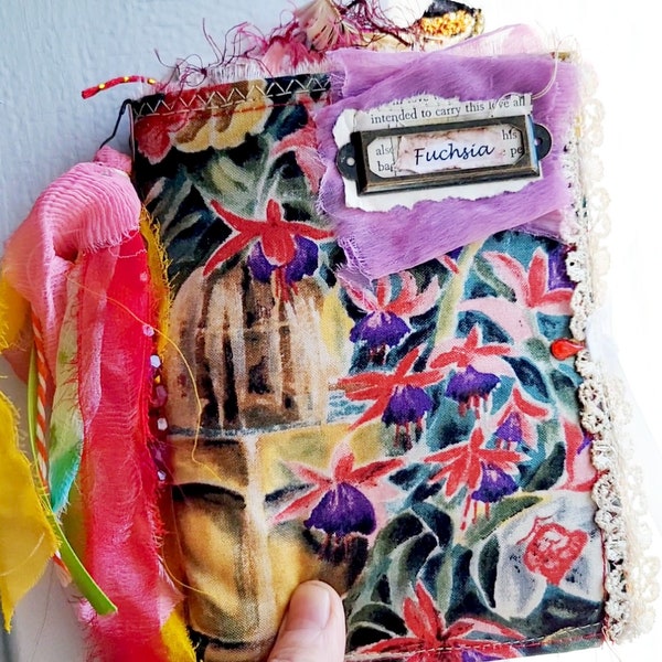 FUCHSIA Mini Junk Journal, HANDMADE, Fabric cover, Stress Journal, FREE Shipping in N America "only", Nature, Flowers, hand sewn