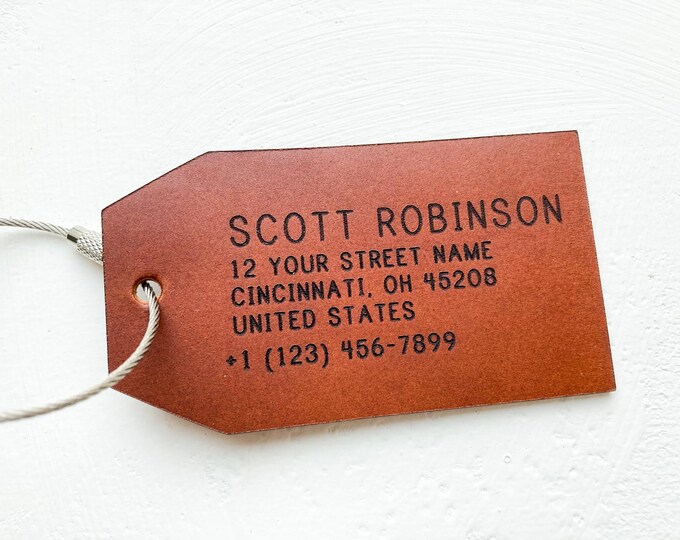 Featured listing image: Personalised Leather Luggage Tag, Christmas Gift idea for Men, Holiday Gift Idea for Co worker, Corporate Gift Idea, Travel Bag Tag
