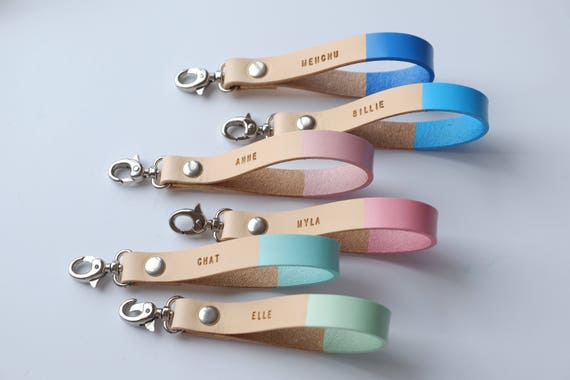 Personalized Leather Keychain Custom Leather Key Fob Colorful Keyring 3rd Anniversary Leather Pink Bridesmaid Gift Mothers Day Gift - 