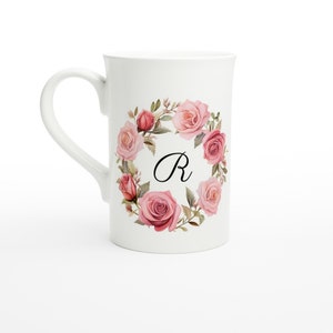 Personalised initial Arabic alphabet floral tea cup, flower mug, roses coffee tea mug, made to order