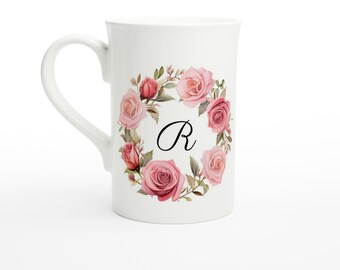 Personalised initial Arabic alphabet floral tea cup, flower mug, roses coffee tea mug, made to order