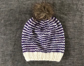 Purple and White Striped Beanie with Faux Fur Pompom - 3 to 6 Month Size