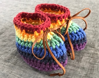 Rainbow Baby Booties – Organic Cotton Crochet with Leather Ties