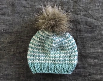 Blue and White Striped Beanie with Faux Fur Pompom - Baby through Adult Sizes Available