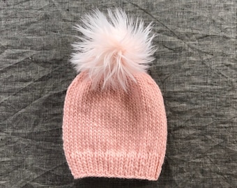 Blush Pink Faux Fur Pompom Hat - Baby to Adult Sizes Available