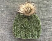 Forest Green Faux Fur Pom Pom Beanie - Hand Knit Chunky Wool Pom Hat - Baby, Toddler, Kids, and Adult Sizes