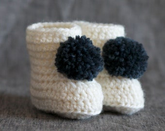 White & Dark Gray Pompom Baby Booties - 0 to 3 Months or 3 to 6 Month Sizes Available