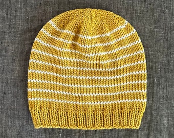 Simple Striped Toddler Beanie in Mustard and White - Hand Knitted in Cotton