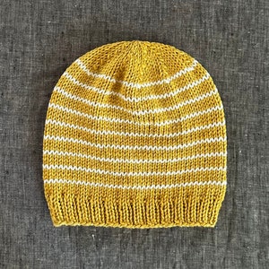 Simple Striped Toddler Beanie in Mustard and White - Hand Knitted in Cotton