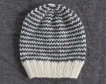 Grey and White Striped Beanie - Wool Winter Hat - Baby to Adult Sizes Available