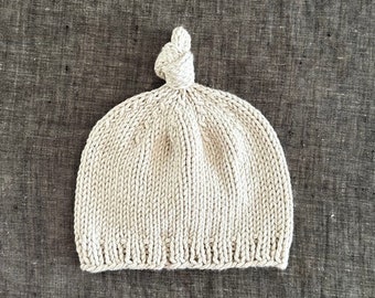 Knotted Baby Beanie in Sand, Organic Cotton, 0 to 3 or 3 to 6 Months, Baby Shower Gift