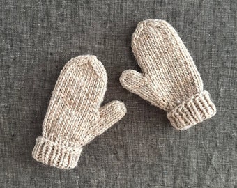 Hand Knit Chunky Mittens in Taupe, Toddler and Kids Sizes, 100% Wool