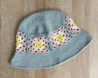 Granny Square Sun Hat, Cotton Summer Bucket Hat, Beach Hat, Gray, Pink, Yellow, White