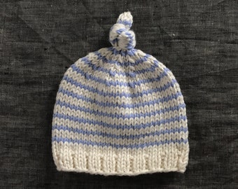 Blue and White Knotted Baby Beanie - 0 to 3 or 3 to 6 Month Sizes