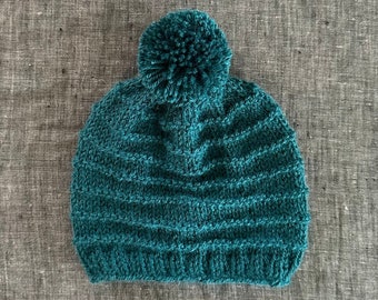 Pine Green Knit Pompom Beanie - 3 to 6 Month Size - Merino Wool, Baby Alpaca, Angora Knitted Hat