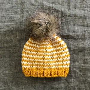 Striped Mustard Yellow & White Faux Fur Pompom Beanie - Warm Winter Hat - Baby to Adult Sizes Available