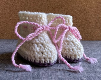 Pink + Purple Baby Booties - 0 to 3 Month Size - Crochet Wool Baby Boots