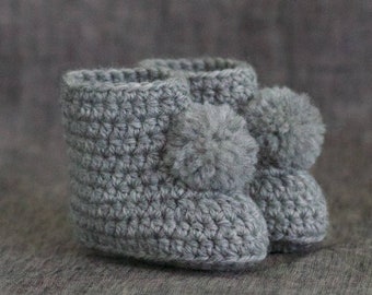 Grey Pompom Baby Booties - 0 to 3 Months