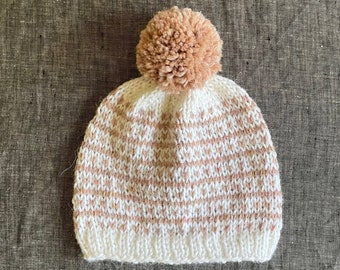 White and Pink Fair Isle Hat with Pompom - 3 to 6 Month Size - Baby Alpaca