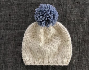 Blue and Off White Knit Alpaca Beanie - Baby, Toddler, Kids, Adult Sizes Available