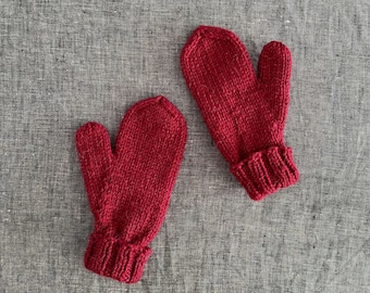 Hand Knit Mittens, Merino Wool and Alpaca in Berry Red, Kids' Size Small