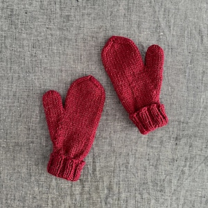 Hand Knit Mittens, Merino Wool and Alpaca in Berry Red, Kids' Size Small image 1