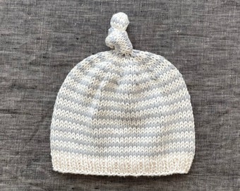 Gray and White Knotted Baby Beanie - 0 to 3 or 3 to 6 Months - Organic Cotton Newborn Hat