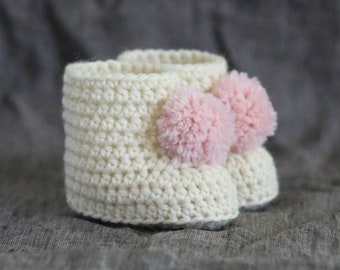 White and Pink Pompom Booties - 0 to 3 or 3 to 6 Month Sizes - Baby Girl Short Boots