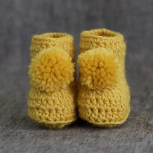 Mustard Crochet Baby Booties with Pompoms - 0 to 3 or 3 to 6 Months