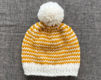 Striped Mustard & Off White Pompom Beanie - Warm Winter Hat - Baby to Adult Sizes Available