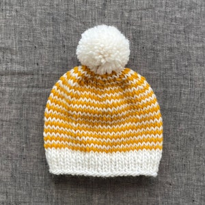 Striped Mustard & Off White Pompom Beanie Warm Winter Hat Baby to Adult Sizes Available image 1