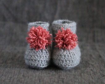 Grey & Pink Pompom Baby Booties - 0 to 3 or 3 to 6 Month Sizes