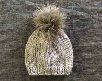 Taupe Beanie with Faux Fur Pom Pom - Hand Knit Chunky Wool Pom Hat - Baby, Toddler, Kid, Adult Sized