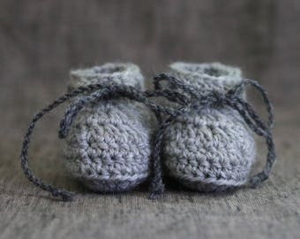 Light & Dark Grey Crochet Baby Booties with Ties - Gender Neutral Baby Shoes-  0 to 3 Months - 3 to 6 Months