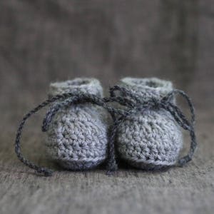 Light & Dark Grey Crochet Baby Booties with Ties Gender Neutral Baby Shoes 0 to 3 Months 3 to 6 Months image 1