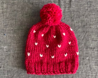 Knit Polka Dot Beanie in Cherry Pink - Fair Isle Pompom Hat