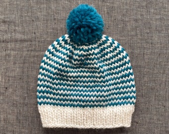 Turquoise and White Striped Beanie, Winter Pompom Hat, All Sizes Available