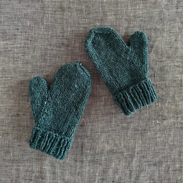 Hand Knit Mittens, Toddler and Kids Sizes, Organic Merino Wool in Juniper Green