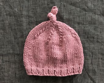 Dusty Rose Pink Knotted Baby Beanie - Organic Cotton - 0 to 3 or 3 to 6 Month Sizes Available