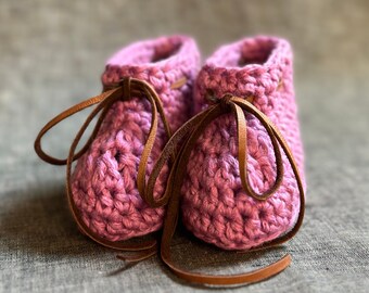 Pink Crochet Baby Booties with Leather Ties - 3 to 6 Month Size