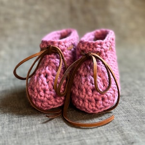 Pink Crochet Baby Booties with Leather Ties - 3 to 6 Month Size
