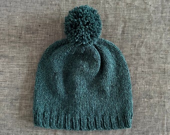 Knit Pompom Beanie in Juniper, Organic Merino Wool, Baby Through Adult Sizes Available