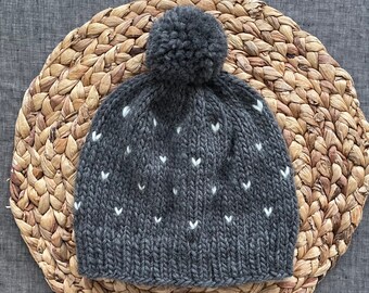 Knit Polka Dot Beanie in Grey - Fair Isle Pompom Hat