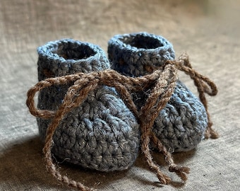 Denim Blue Baby Booties with Brown Ties in Recycled Cotton - 0 to 3 Months or 3 to 6 Months