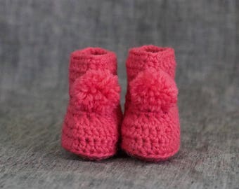 Pink Baby Girl Pompom Booties - 0 to 3 or 3 to 6 Months