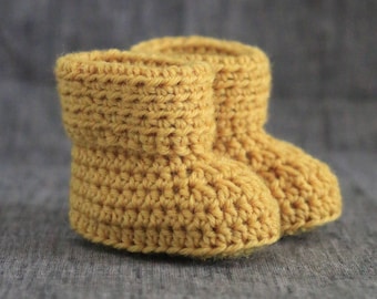 Mustard Yellow Crochet Fold Down Baby Booties - 0 to 3 Month or 3 to 6 Month Sizes