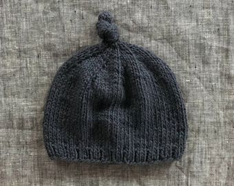 Black Knitted Baby Beanie, Organic Cotton or Wool, Infant Knot Cap