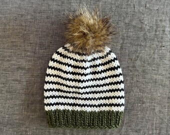 Hunter Green with Black Stripes Beanie with Fur Pompom, Green, White, Black Winter Hat, All Sizes Available