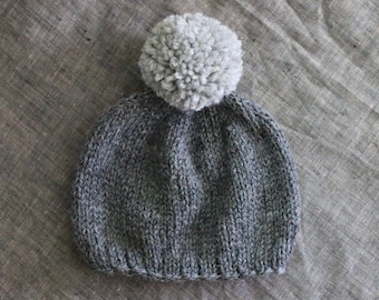 Monochrome Gray Knit Pompom Hat - Wool Beanie