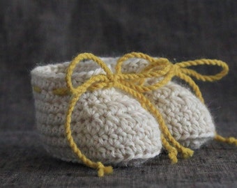 Off White and Mustard Yellow Baby Alpaca Booties with Ties - 0 to 3 or 3 to 6 Month Sizes